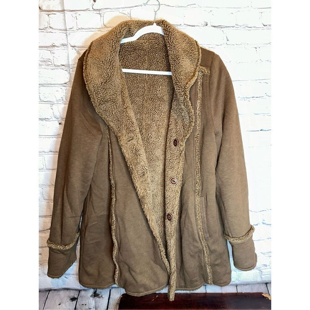 EDDIE BAUER SHERPA FAUX SHEARLING REVERSIBLE COAT SOFT BROWN TRENCH SOFT LARGE